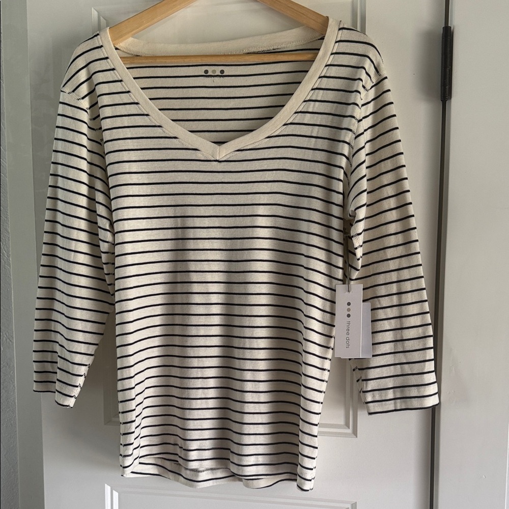 Three Dots Black and Cream Striped V-Neck Long Sleeve Top